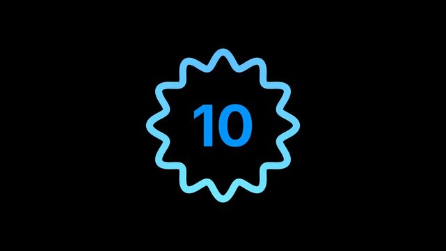 Vibrant animated countdown icon featuring the number ten within a bright blue starburst shape, perfect for video intros, short clips, and dynamic time display graphics