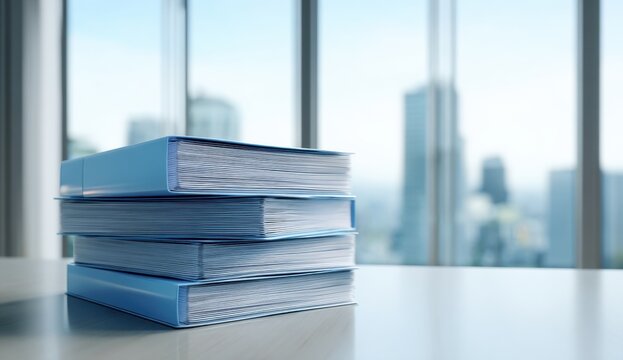 Stack of blue office document files on a sleek desk with large windows and a cityscape view in the background