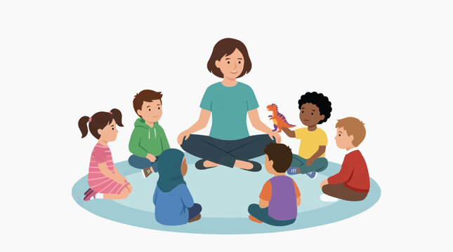 Teacher leads diverse children in circle time activity with a dinosaur toy vector style