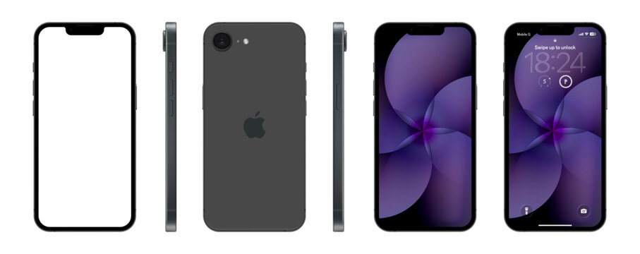 Photorealistic detailed Apple Iphone 17e Black mockup. Front, rear and side views isolated on transparent background. Vector editorial PNG