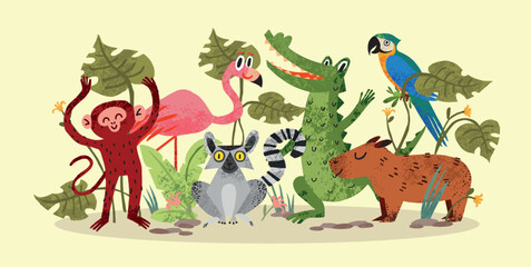 Playful Animal group with Monkey, Flamingo, Crocodile, Lemur, Parrot and Capybara among tropical Leaf plants. Childish flat vector illustration, textured zoo art for children © roze ultra
