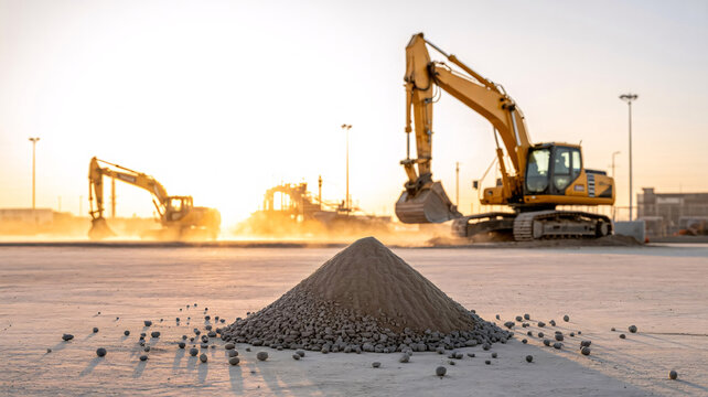 Heavy machinery excavators on an industrial construction site with sand and gravel pile at sunset