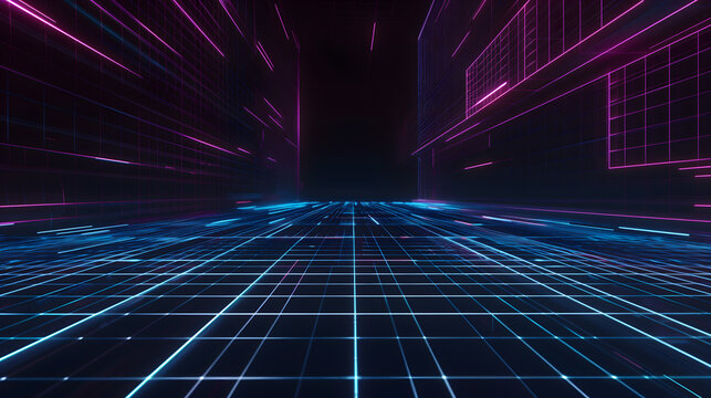 A high-tech digital environment featuring a futuristic city layout with glowing blue and purple grid lines, representing data transmission, cyberspace, virtual reality, and high-speed connectivity.