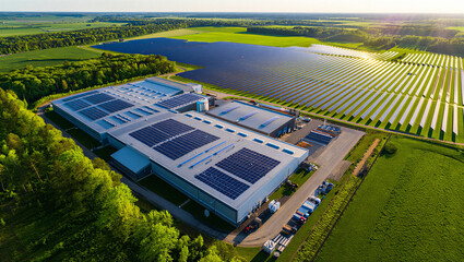 Aerial view of a large industrial building with solar panels on its roof, next to a solar farm © Sadiya Digital