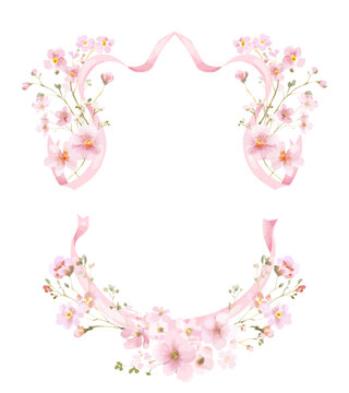 Pink watercolor floral frames with ribbons and small wildflowers, delicate festive elegant compositions for wedding invitations greeting cards gift tags