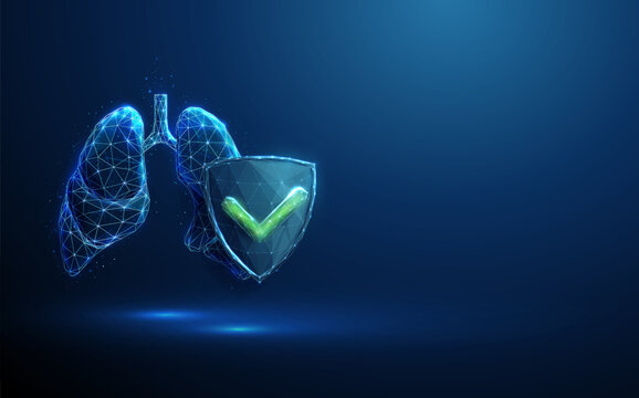 3D blue human lungs and shield with green tick. Lung wellness, respiratory protection, healthcare safety, pulmonary care, oxygen flow, breathing approval concept