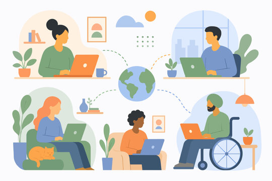 Diverse remote work team with people from different backgrounds working from different locations, remote diversity and flexible work concept, flat illustration