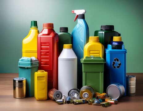 various household hazardous waste containers such as cleaning products and batteries organized for disposal