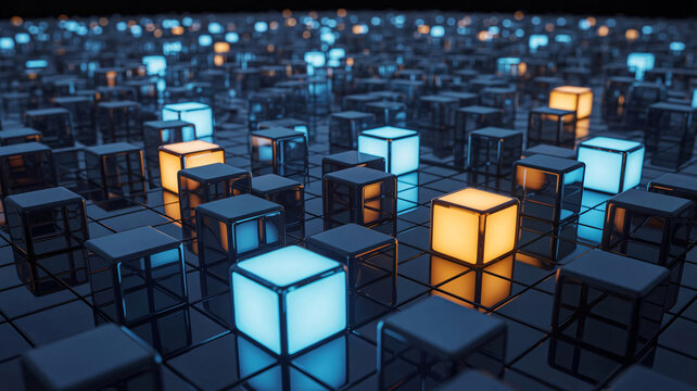 Abstract technology background of glowing 3d cubes, representing blockchain and digital infrastructure concept