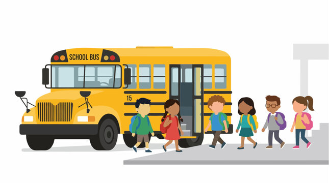 Bus arrival with diverse students, minimalist 2d flat illustration style school on a white background