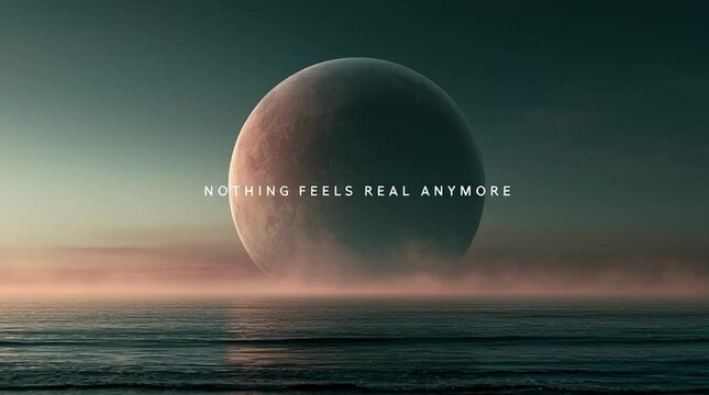 A giant moon rises above a calm ocean horizon wrapped in atmospheric haze. Huge centered typography reading &ldquo;NOTHING FEELS REAL ANYMORE&rdquo; creates a surreal cinematic mood.