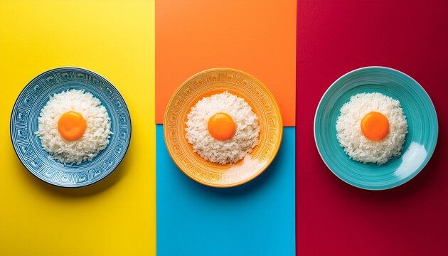 vibrant plates with rice and egg yolk art on multicolored background