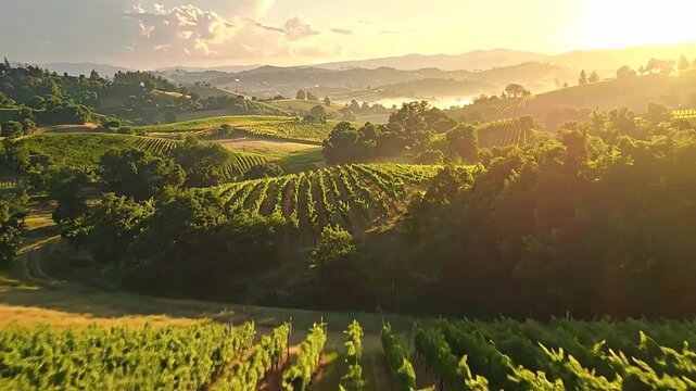 A beautiful view of a large agricultural field with rows of green plants and trees at sunset