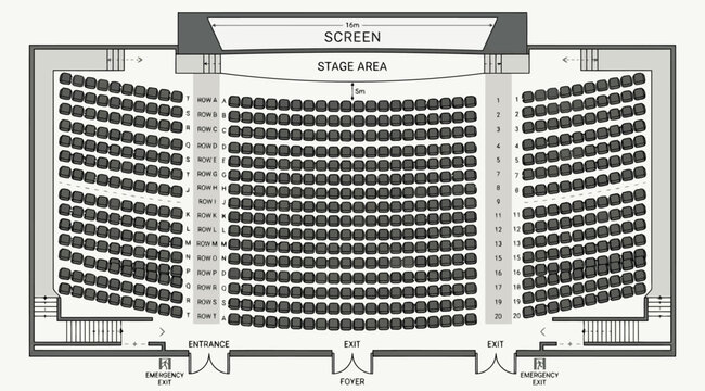 Top view of a large cinema auditorium seating plan with screen and stage area