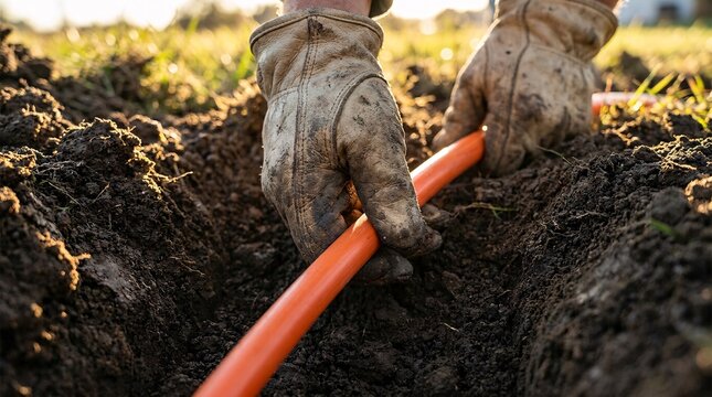 Mud-covered heavy leather gloves meticulously burying a bright orange fiber optic cable into rich dark brown soil under warm afternoon sun.