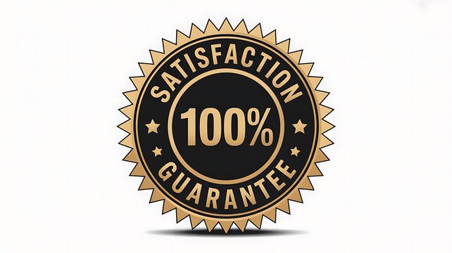 100% Satisfaction Guarantee, Gold Seal, Black and Gold Icon, Quality Assurance Badge
