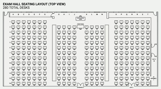 Exam hall seating layout top view 280 total desks