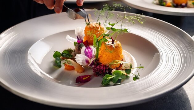 healthy and delicious food on white plate at luxury restaurant chef making and decoration food of eatables flowers beautiful food on plate in michelin star restaurant