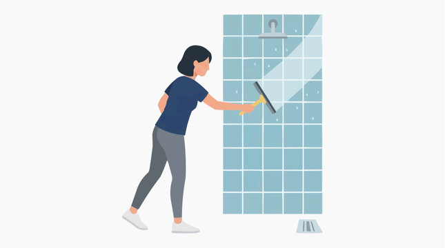 Woman cleaning shower glass with squeegee after shower vector style
