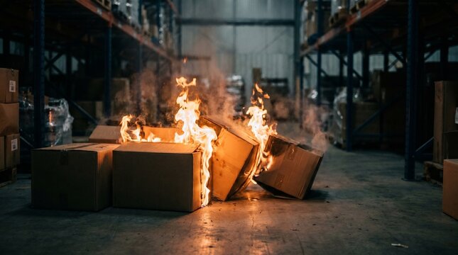 Peligroso incendio en un almac&eacute;n industrial. Cajas de cart&oacute;n en llamas y emitiendo humo en el suelo de un centro log&iacute;stico oscuro. Concepto de desastre, emergencia y falta de seguridad laboral
