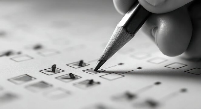 A person's hand using a pencil to mark answers on an exam paper with multiple-choice questions