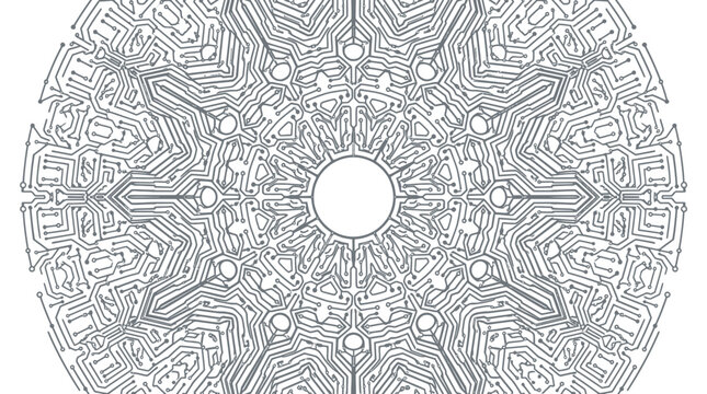 Circuit board pattern with intricate design and empty circle center