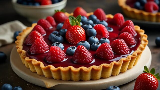 Delicious berry tart with fresh strawberries.