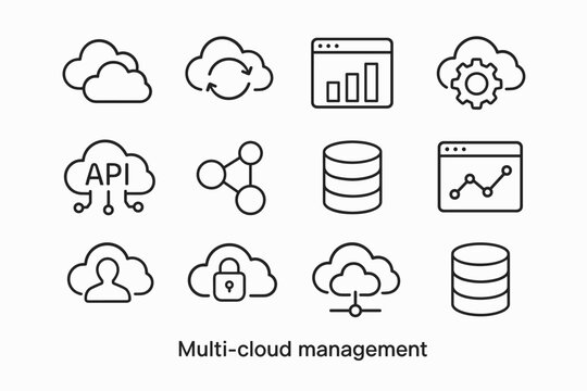 Multi-Cloud Icon Set. Multi cloud management. Line outline icon set of Multi cloud management: multiple clouds