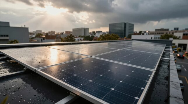 Solar panels collect sunlight on a city rooftop as rain begins to fall in the late afternoon