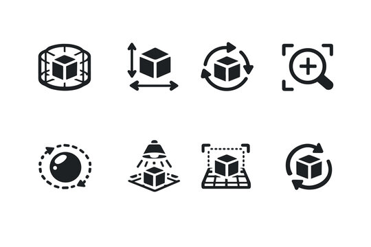AR Product Icons. AR Product Visualization. Filled icon set of AR Product Visualization: 3d model, scale