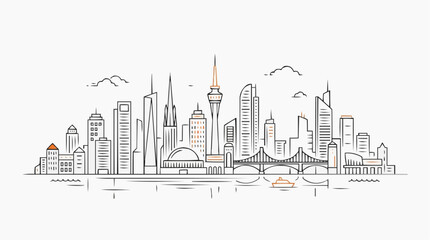 Obraz premium Modern City Skyline with Bridge and Boat Minimalist Line Art Illustration vector style