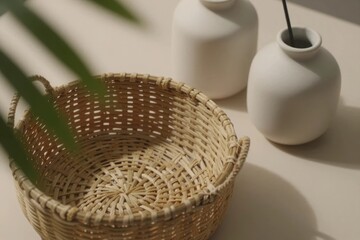 Fototapeta premium Decorative basket with simple vases on a table with natural light in a cozy room setting