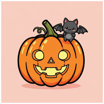 Cartoon Bat Sitting on Pumpkin.