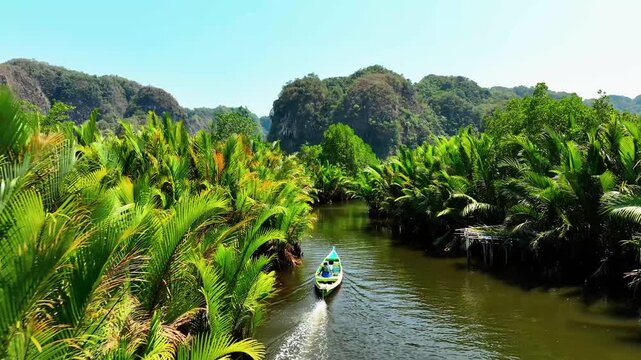 Aerial view of a small boat navigating a winding river surrounded by lush nipa palms and towering limestone karst formations under a clear sky in Maros, South Sulawesi, Indonesia.