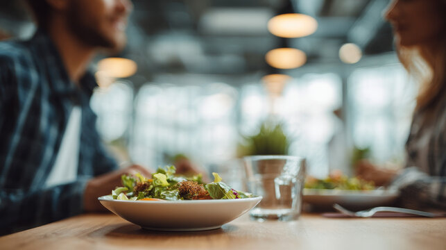 Close up of a fresh salad served on a plate in a modern restaurant with blurred couple dining in the background. Healthy eating and social interaction in a trendy urban setting