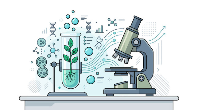 A laboratory microscope examines a plant growing in a test tube on a lab bench with science formulas and DNA structures.