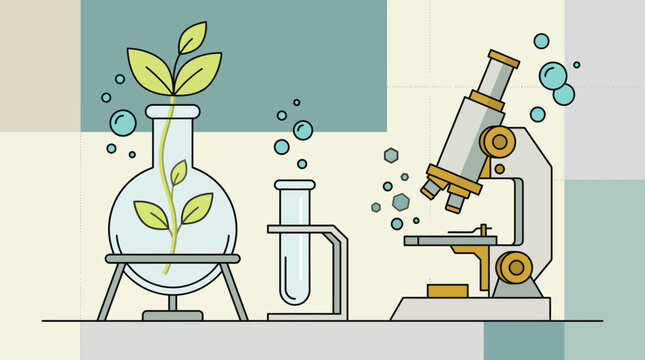 A contemporary life science illustration shows a plant growing in a flask on a laboratory table with a microscope and test tube nearby.