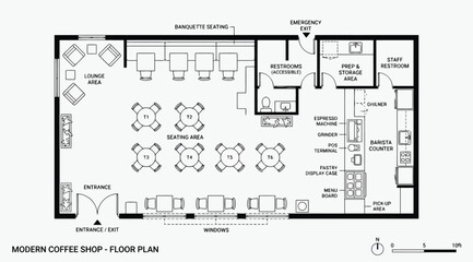 Modern coffee shop floor plan with seating area and barista counter © S.Siam