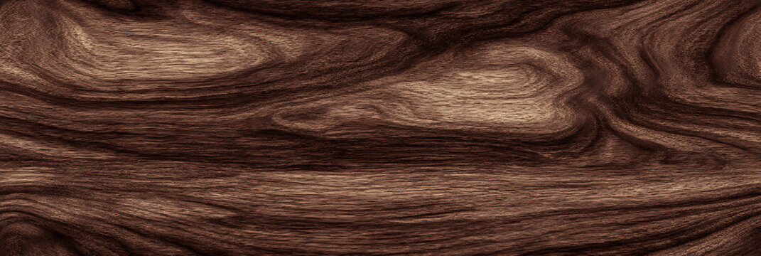 Seamless brown walnut wood texture background with polished timber grain detail, realistic hardwood plank surface for flooring, furniture rendering and luxury interior decoration