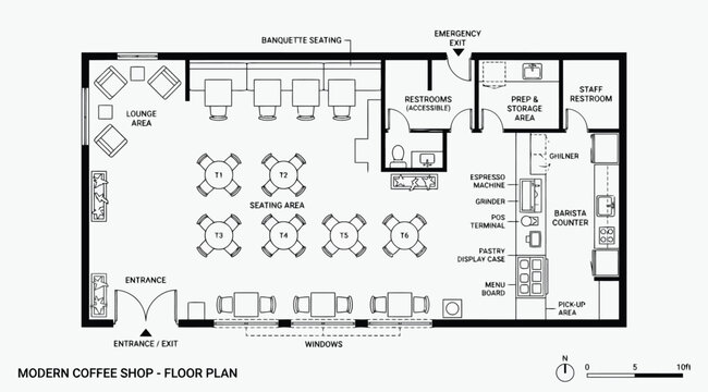 Modern coffee shop floor plan with seating area and barista counter