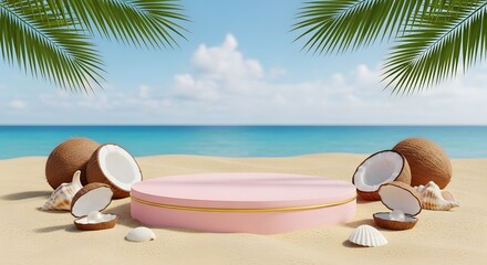 Obraz premium Pink podium on beach with coconuts and seashells