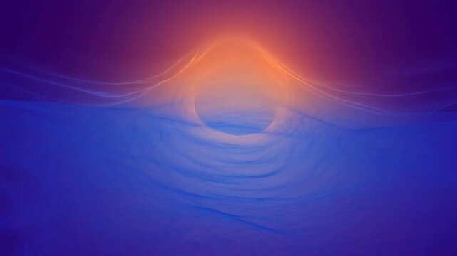 Vibrant Blue Digital Landscape with Fiery Orange Horizon and Abstract Swirling Form Illuminated by Soft Glow