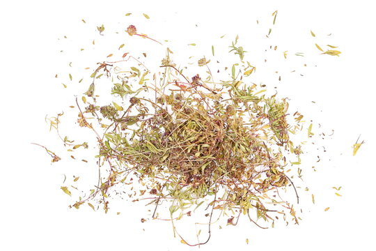 dried chopped thyme leaves, isolated on white background, top view
