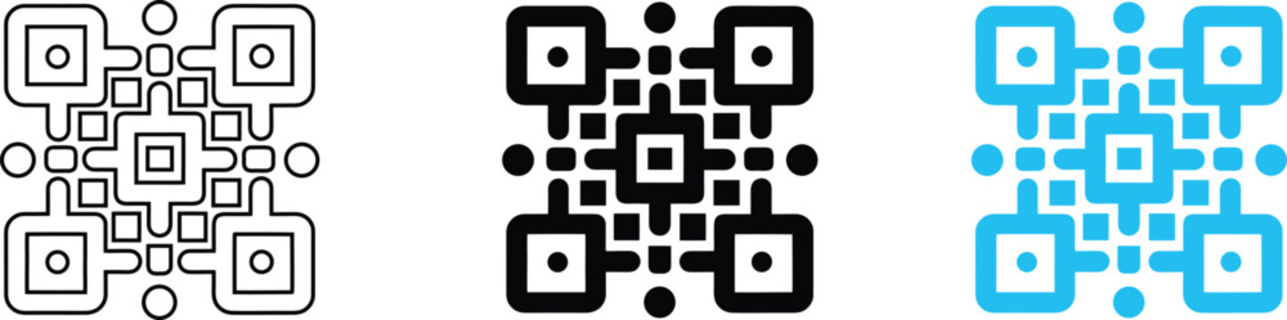 Three stylized qr code in black outline, solid black, and bright blue symbol technology data scanning