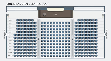Conference hall seating plan with rows of chairs and stage © S.Siam