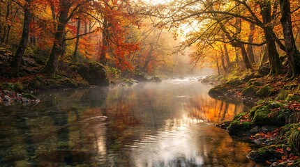 Obraz premium Serene crystal clear river gently flowing through a dense vibrant autumn forest illuminating majestic water reflections under soft sunlight.