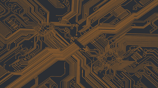Golden orange electronic circuit board pattern on dark background