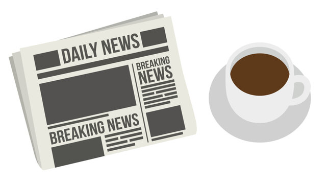 Newspaper and cup of coffee on table.