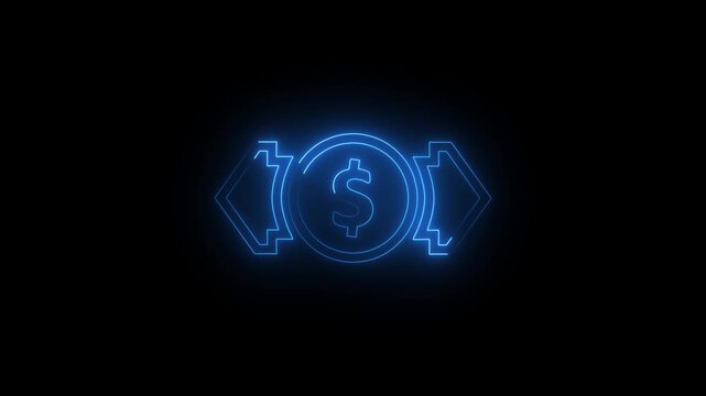 Futuristic neon blue money transfer animation with glowing dollar coin and arrows on dark background. 4k video
