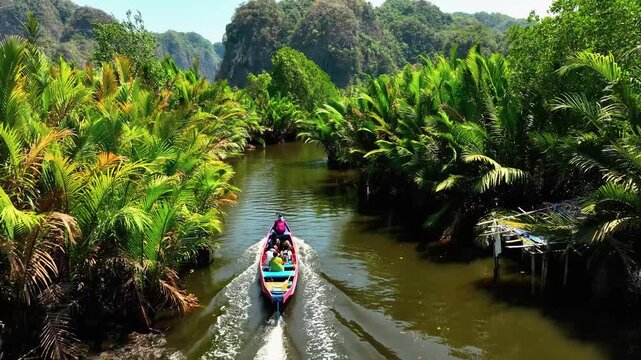 Aerial view of a boat with people cruising through a lush tropical river surrounded by nipa palms in Maros, South Sulawesi, Indonesia.